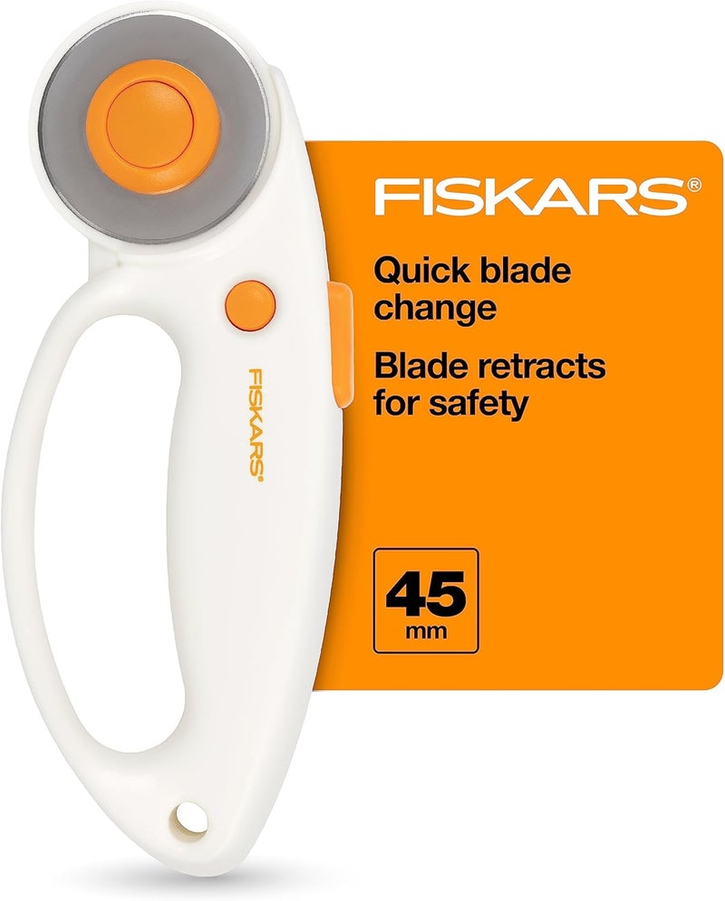 Fiskars 45mm Rotary Cutter for Fabric with Ergonomic Loop Grip, Premium Steel Rotary Fabric Cutter Blade for Precise Cuts, Arts and Crafts, Sewing Supplies and Quilting Tools - Image 1